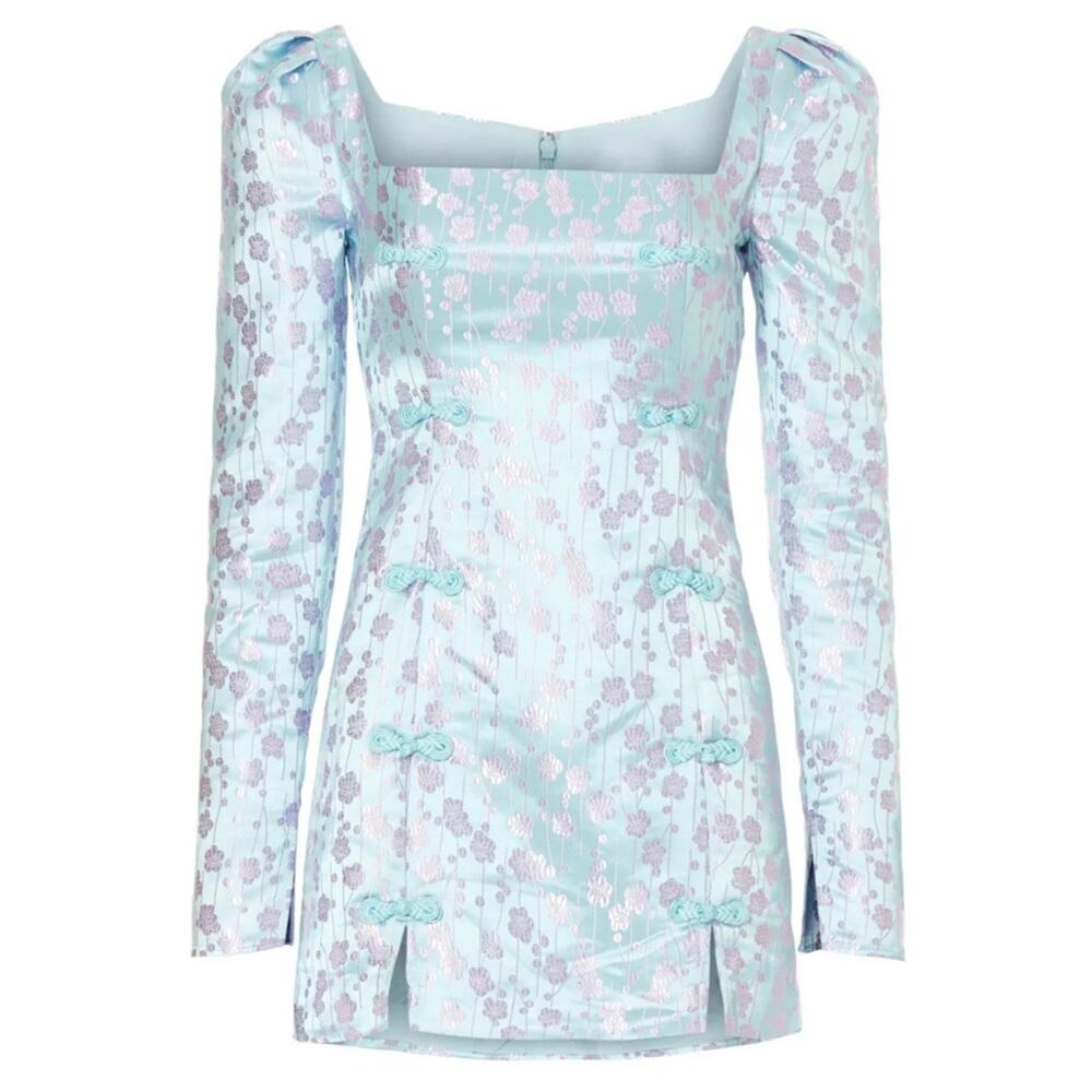 SAU LEE Jen Chinese Jacquard Floral Long Sleeve Mini Dress in Blue Size 12 - Picture 7 of 15